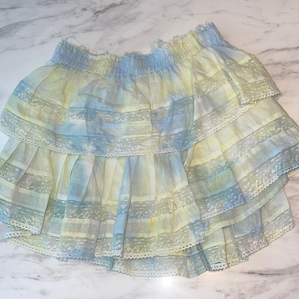 Love shack fancy blue + green ruffle mini skirt